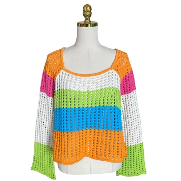 Colorful Striped Square Neck Pointelle Pullover Knit Sweater Size XL Wild Fable - Picture 6 of 11